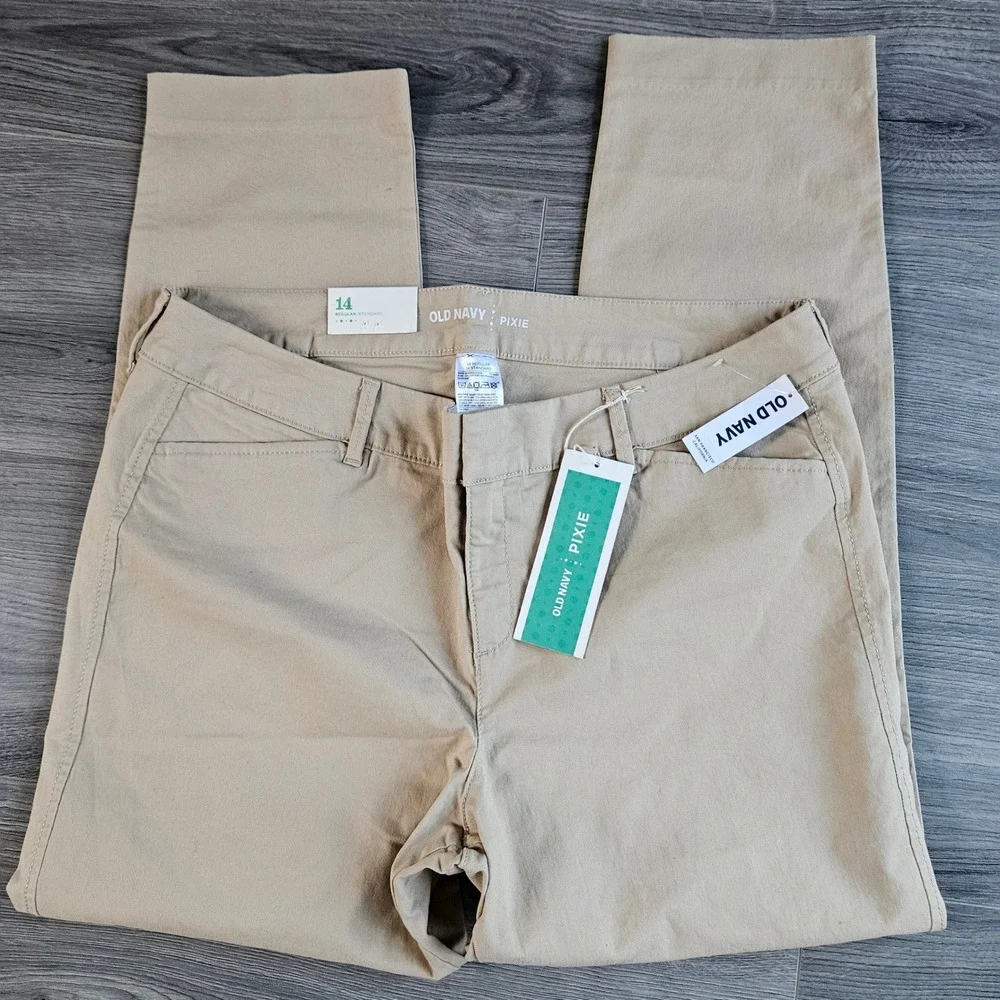 Old Navy Pixie Chino Ankle Pants Womens 14 Tan Khaki Stretch Mid Rise Slim New - Picture 1 of 11